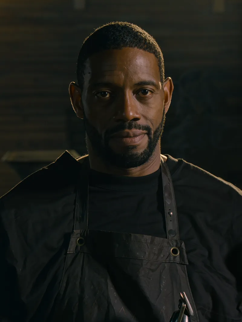 Portrait of a barber in a black apron holding clippers, lit from one side by warm brass light.