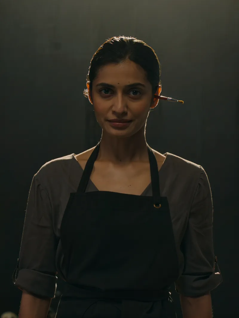 Portrait of a colourist in a black apron with a tinting brush behind her ear, lit by warm brass light.