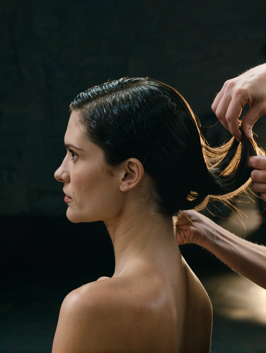 A stylist lifting a section of glossy dark hair, rim-lit in warm brass.