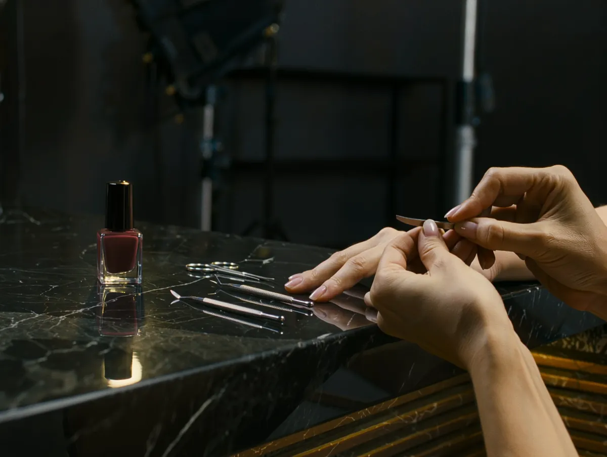 A manicurist buffing a client's nails on a black marble counter.