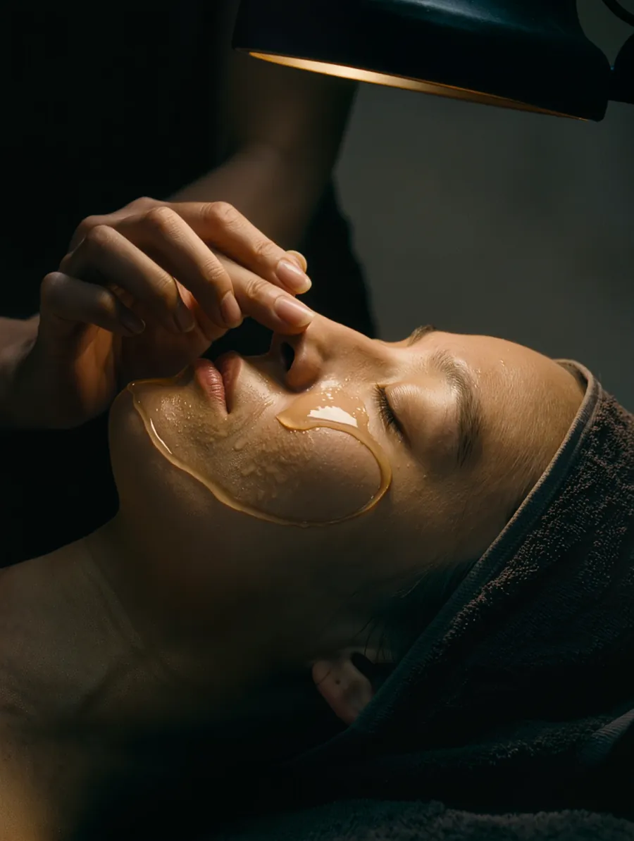 Serum being smoothed across a client's cheekbone during a facial.