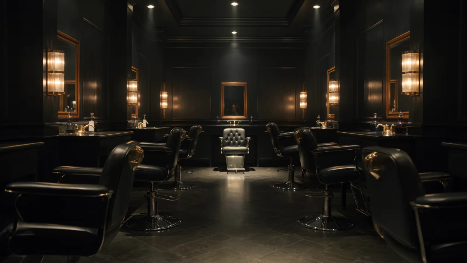 The Ash & Aurum salon floor at night — backlit mirrors, brass sconces, and empty leather chairs down the centre aisle.