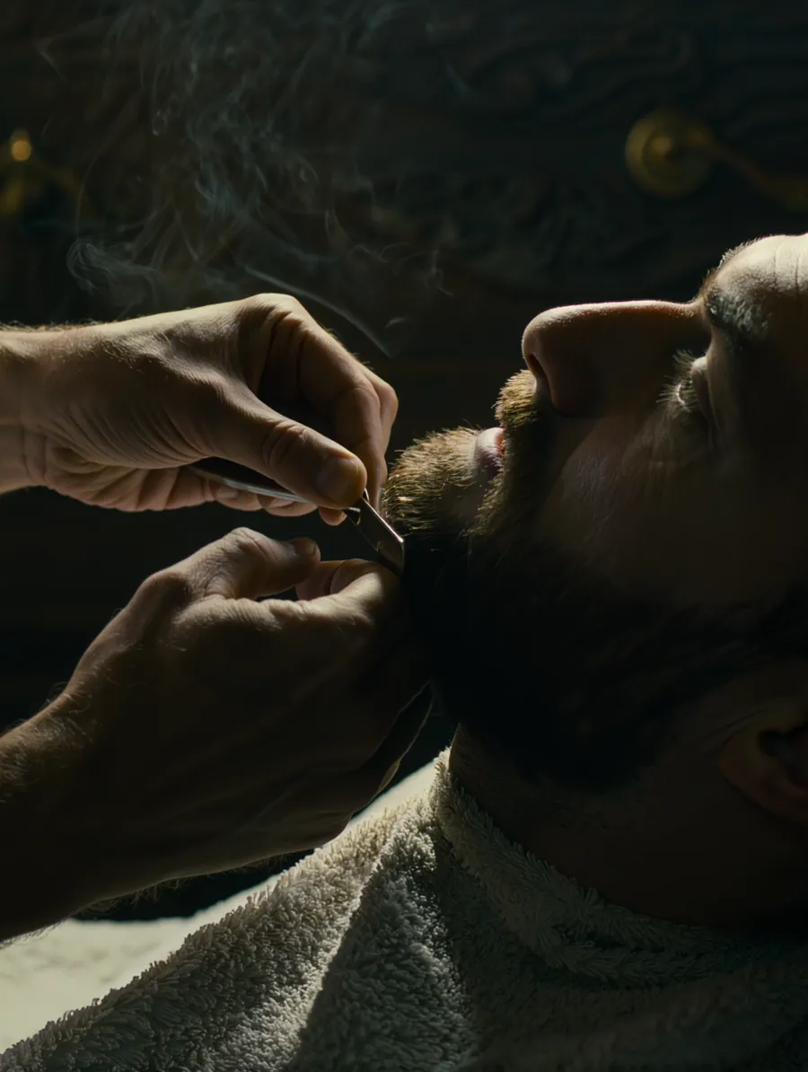 A barber's hands finishing a beard with a straight razor under warm light, steam drifting across the frame.